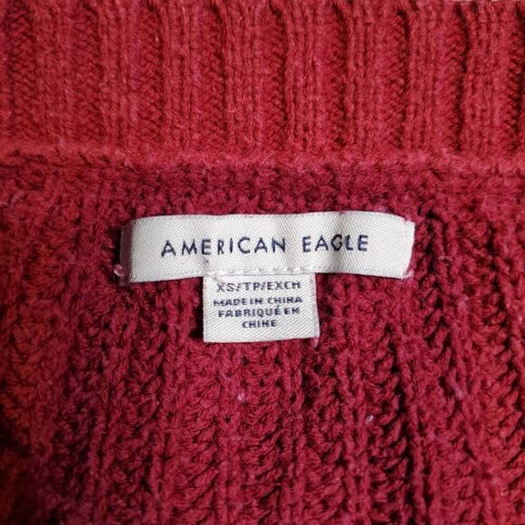 American Eagle Sweater Womens XS Maroon Cropped Striped Chunky Knit Pullover - Picture 2 of 7